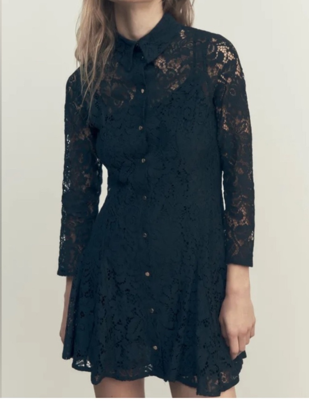 ZARA BLACK FLORAL LACE COLLARED MINI A-line SHIRTDRESS size L whimsigoth
